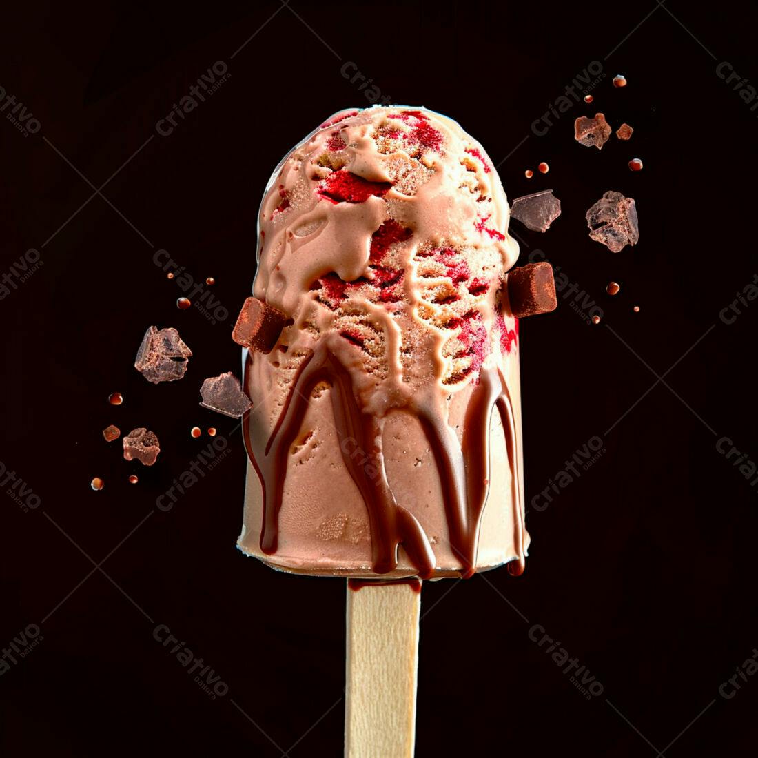 Sorvete de chocolate com calda e pedaços de chocolate