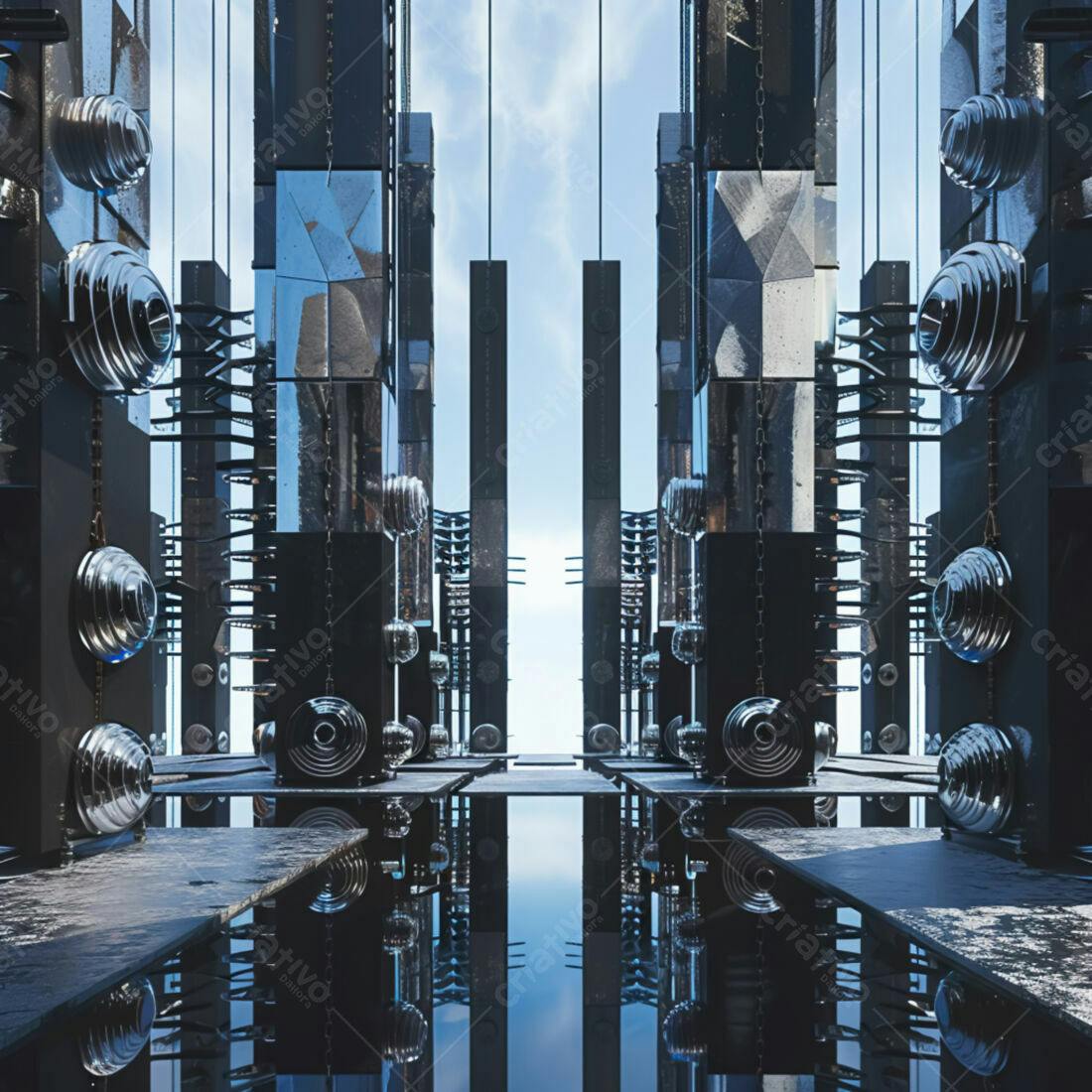 Construção futurista metálica e escura