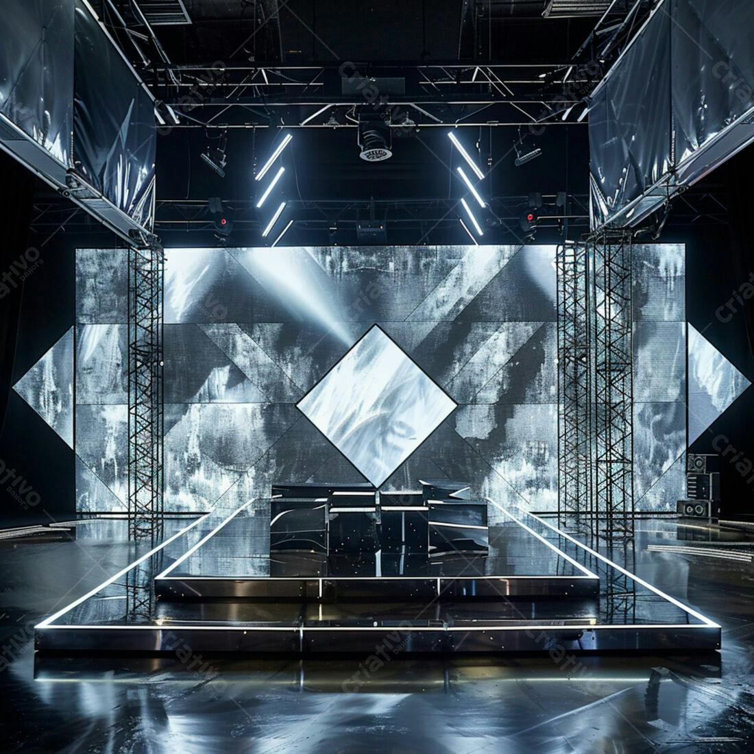 Palco moderno com iluminação de LED e telão