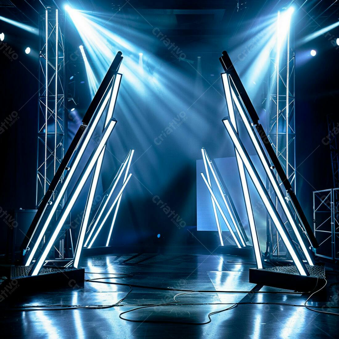 Palco iluminado com luzes azuis e brancas