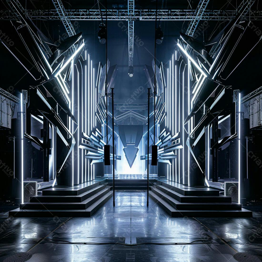 Palco futurista com iluminação neon azul