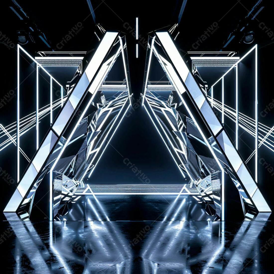 Portal futurista com luzes neon azuis e pretas