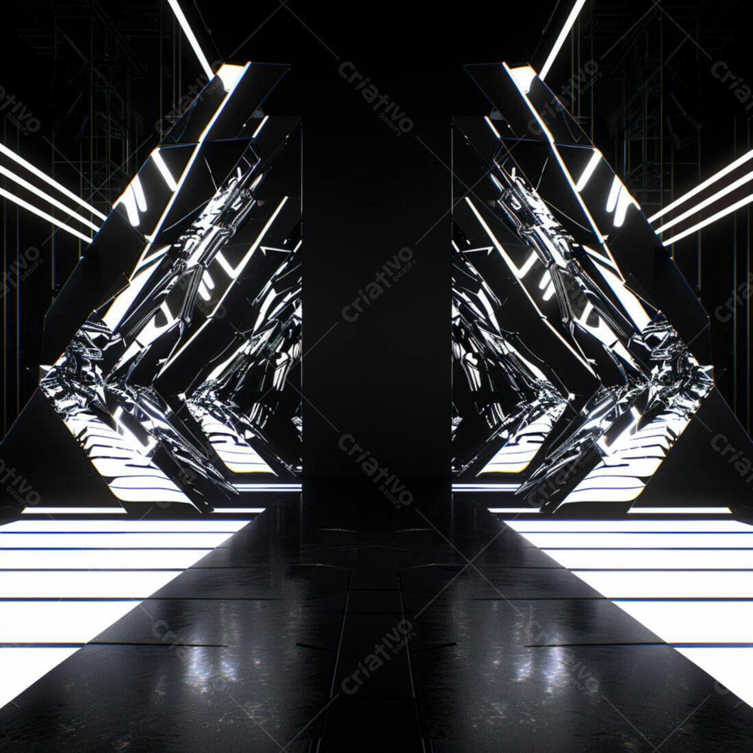 Corredor futurista preto e branco com iluminação neon