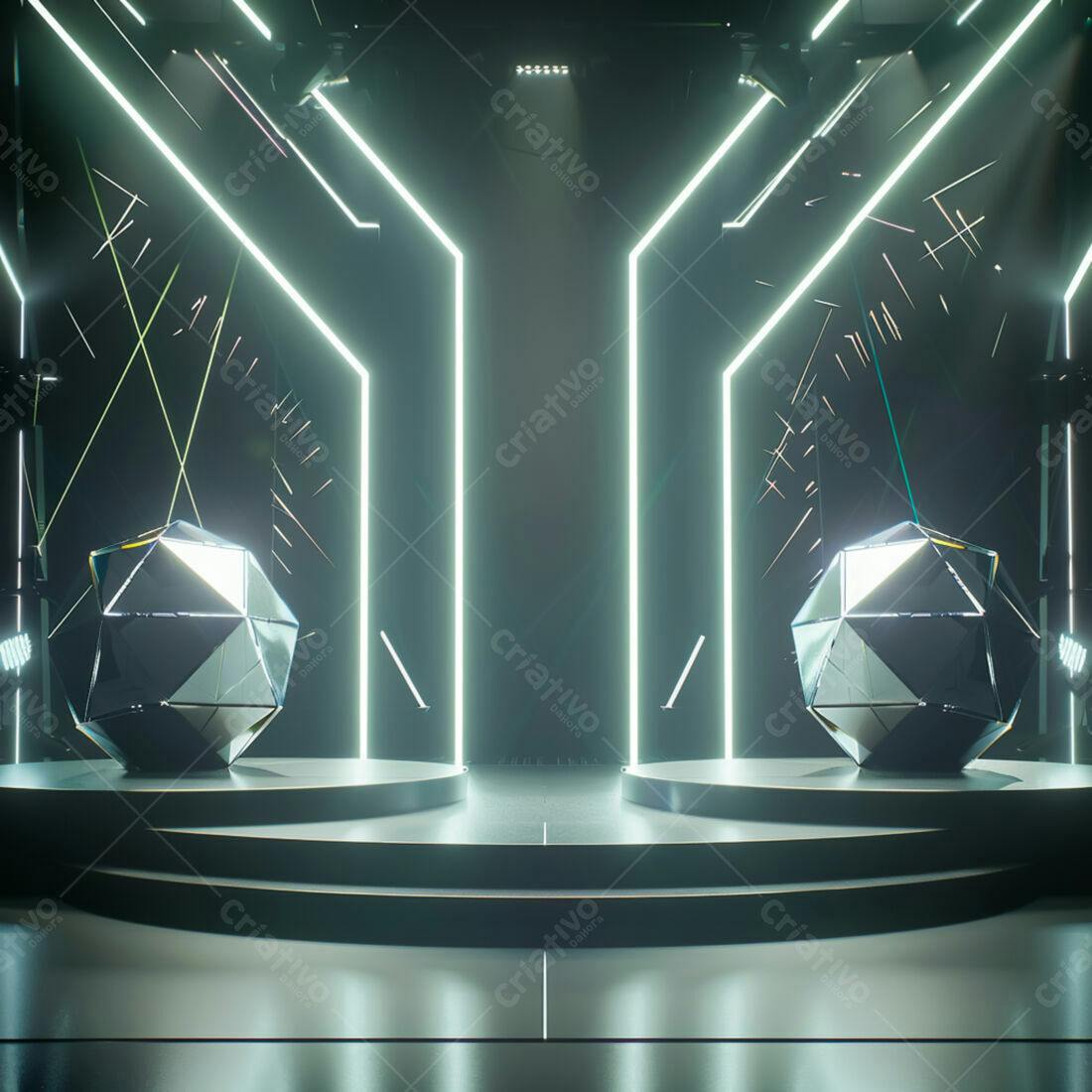 Palco futurista com esferas geométricas