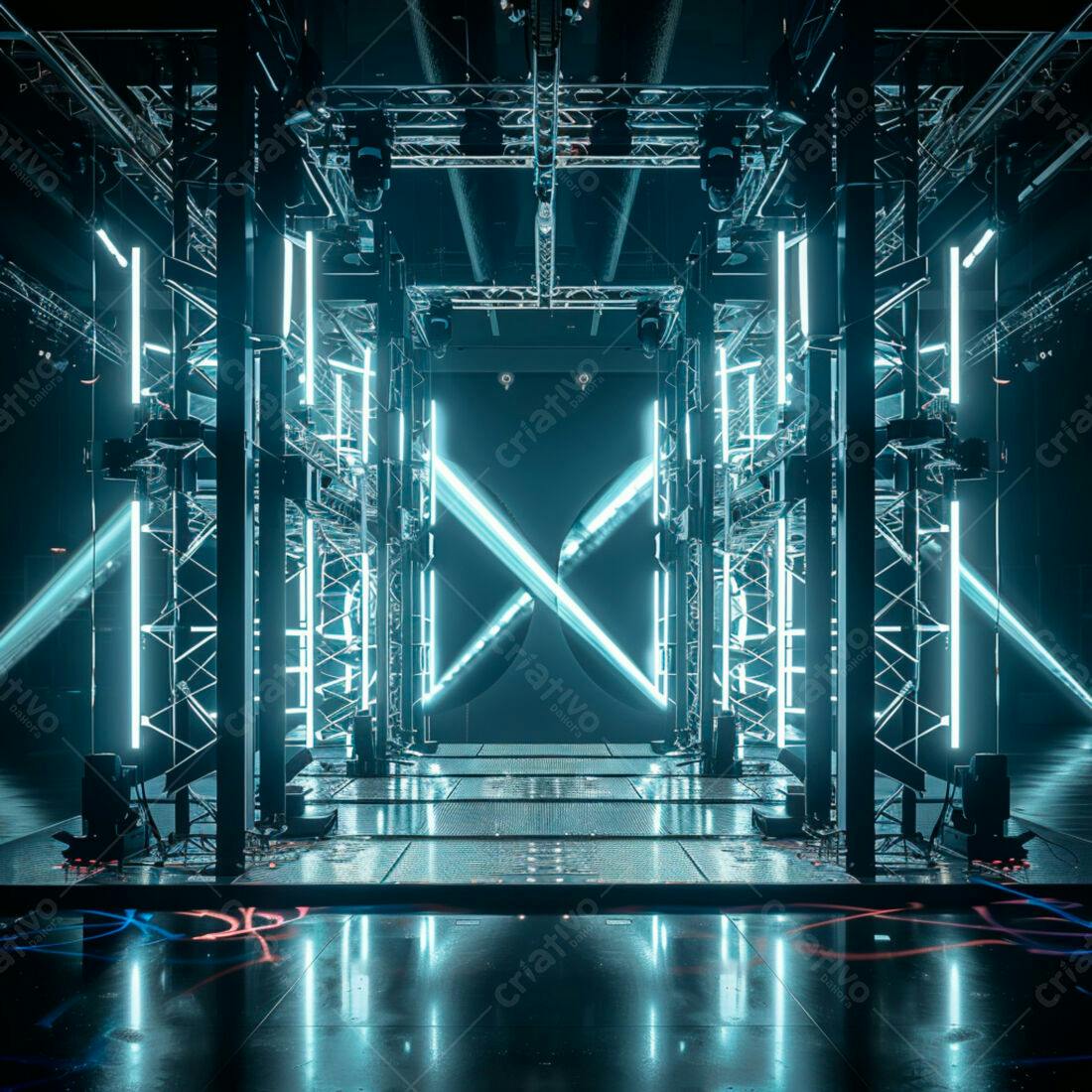 Estruturas metálicas com iluminação neon azul