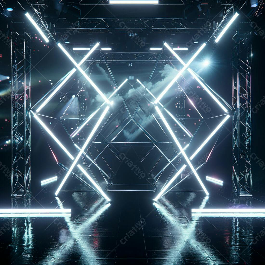 Palco futurista com luzes neon azuis