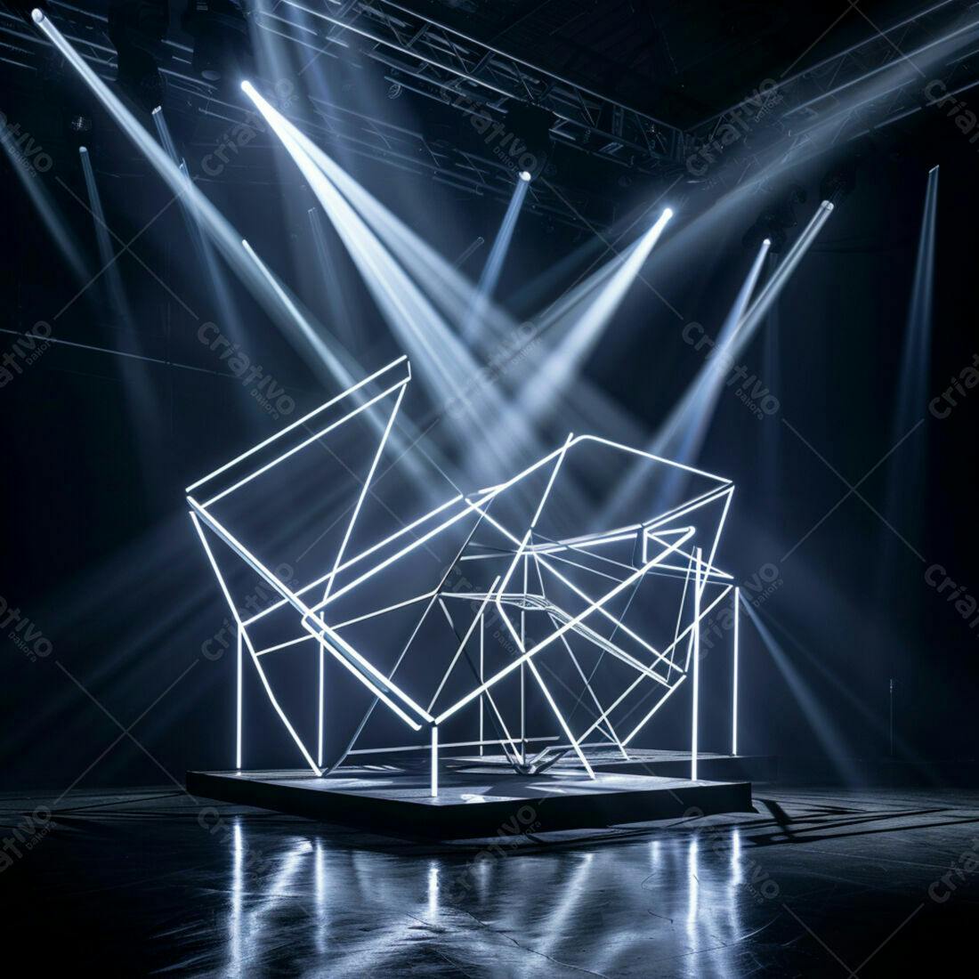 Instalação de luz neon geométrica em palco escuro