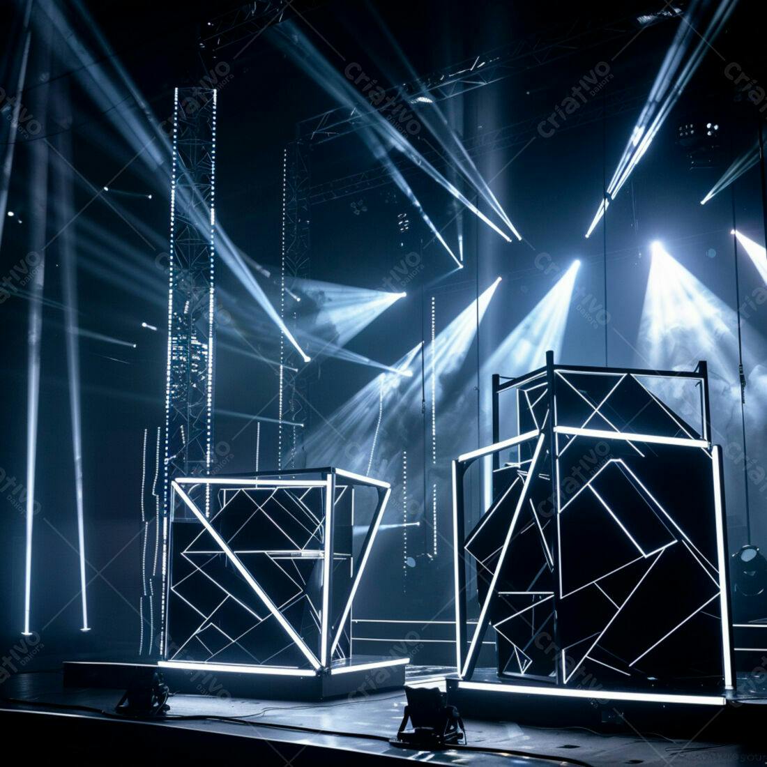 Palco iluminado com estruturas geométricas