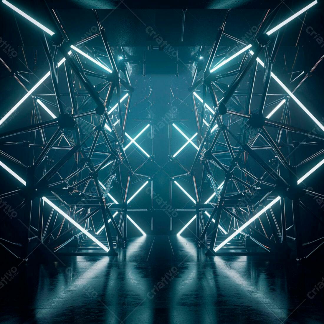 Estrutura metálica com luzes neon azuis