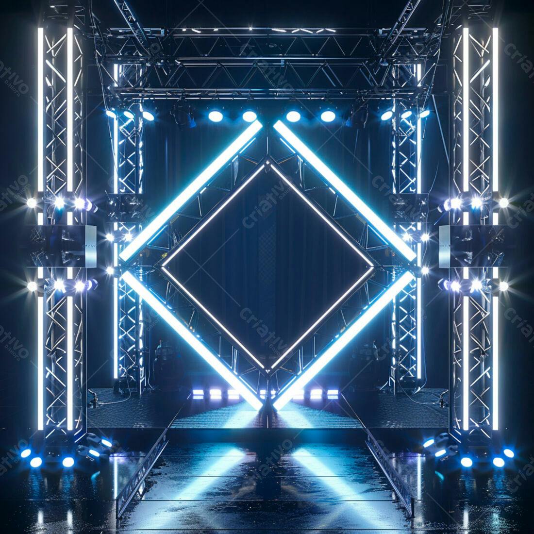 Palco com iluminação neon azul e estrutura metálica