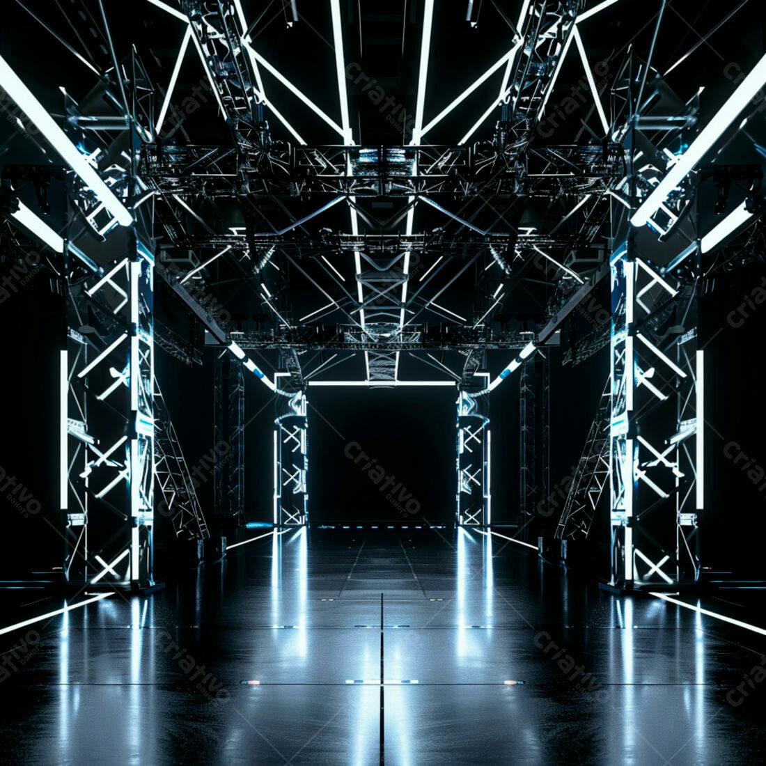 Corredor futurista com iluminação neon azul