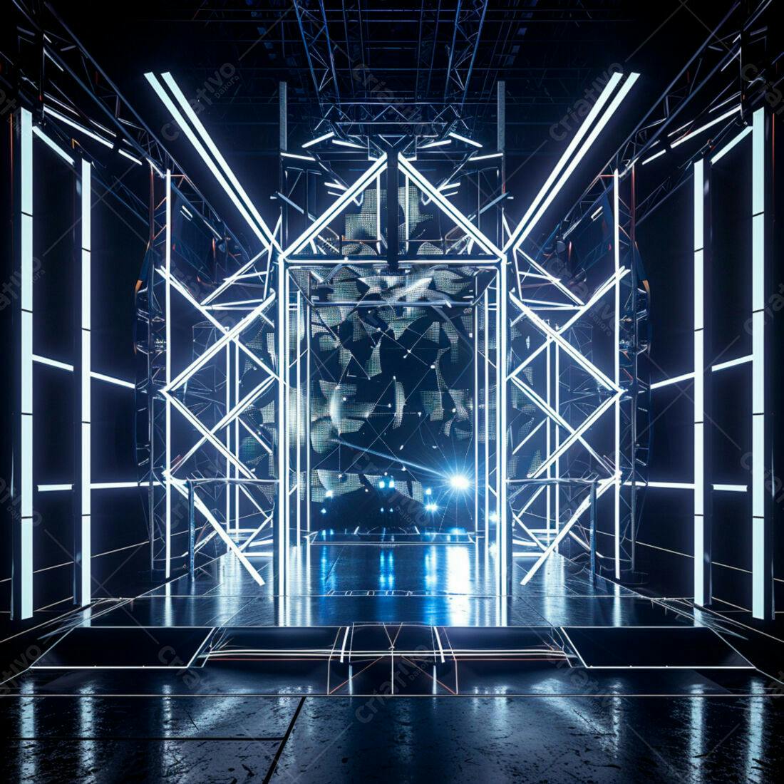 Palco futurista com iluminação neon azul e branca