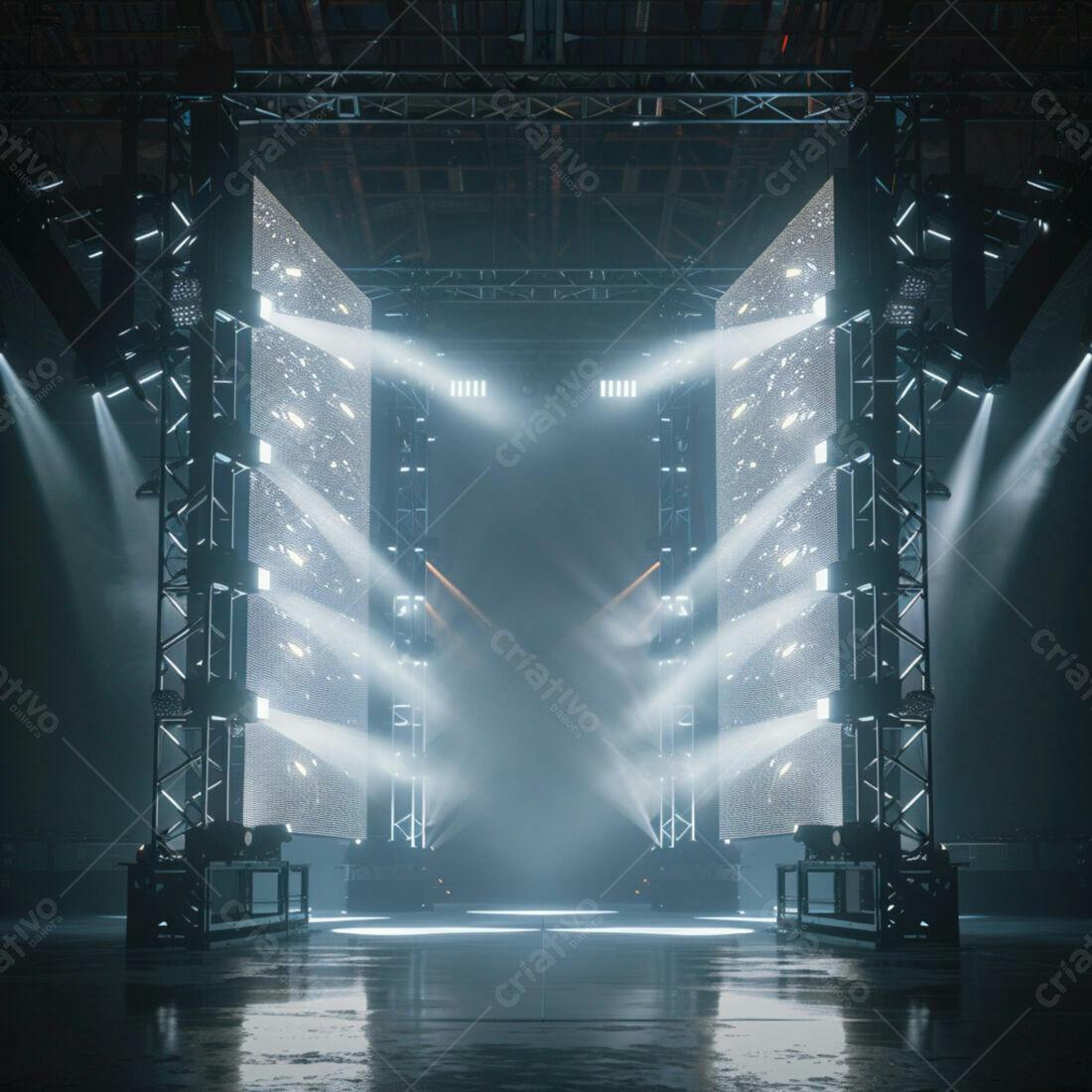 Palco iluminado com telas de LED em galpão