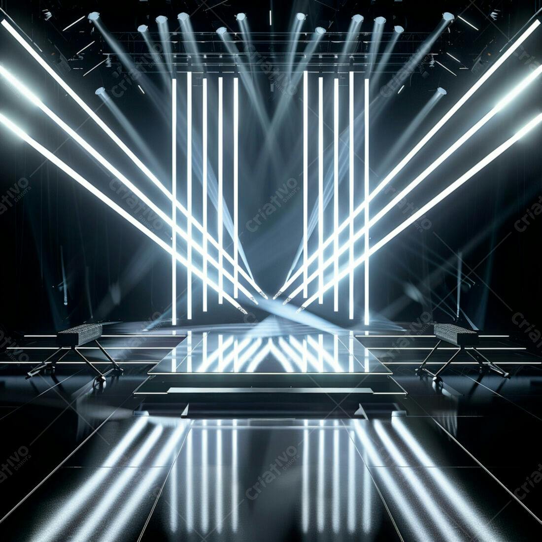 Palco iluminado com luzes brancas e piso espelhado