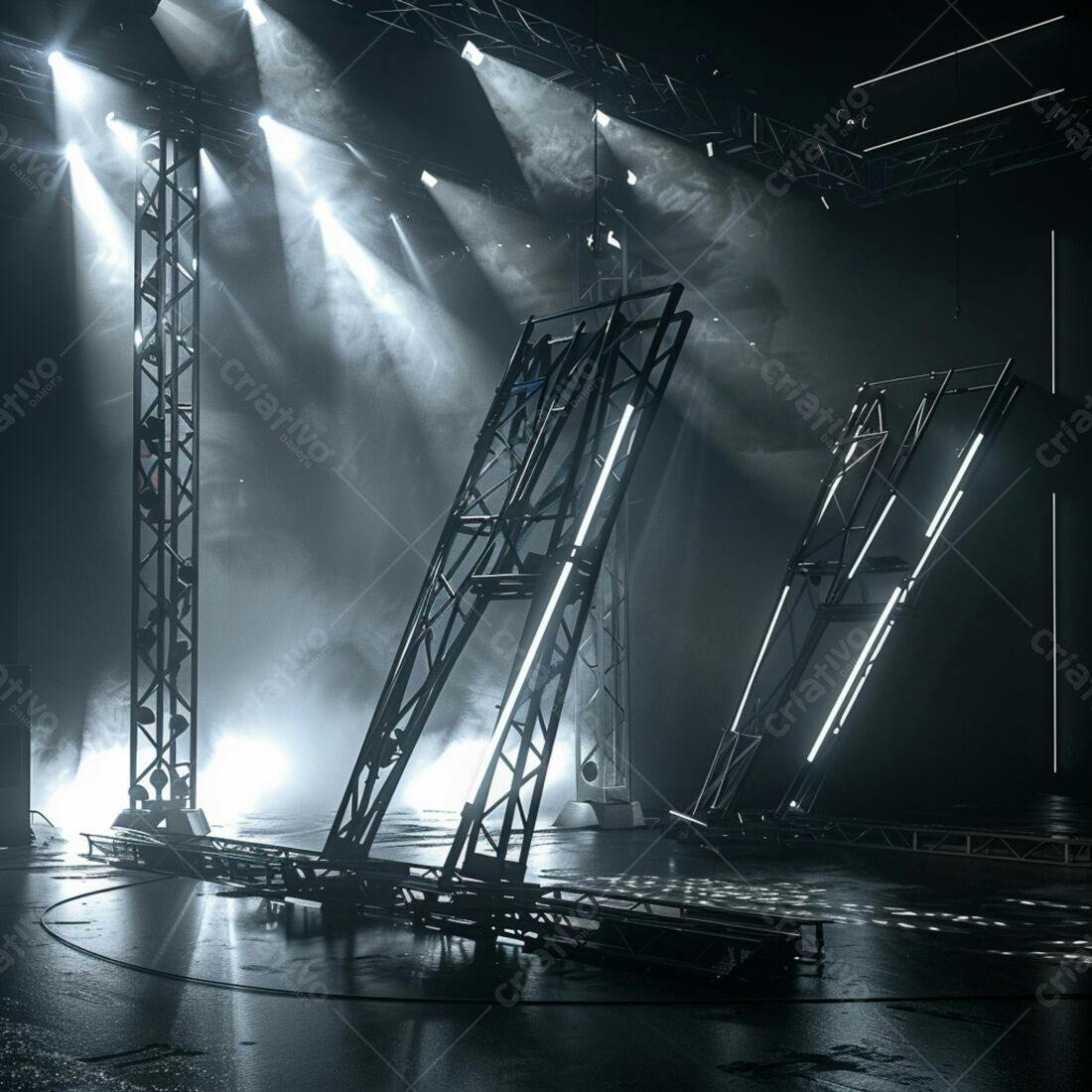 Palco iluminado com estruturas metálicas