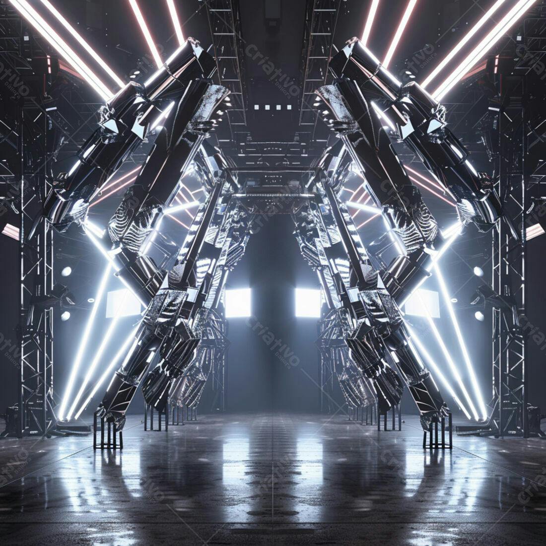 Robô metálico em ambiente futurista com luzes neon
