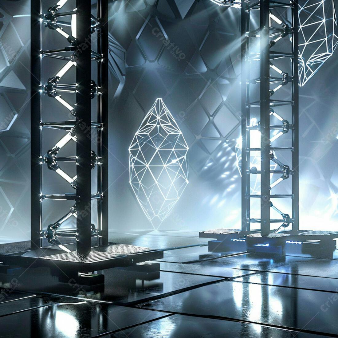 Estrutura metálica futurista com holograma