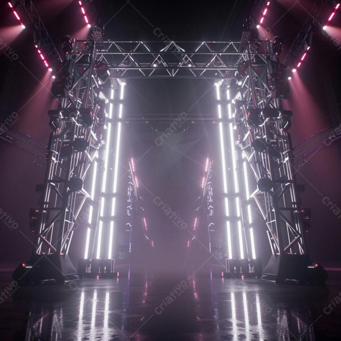 Estrutura de palco futurista com luzes neon