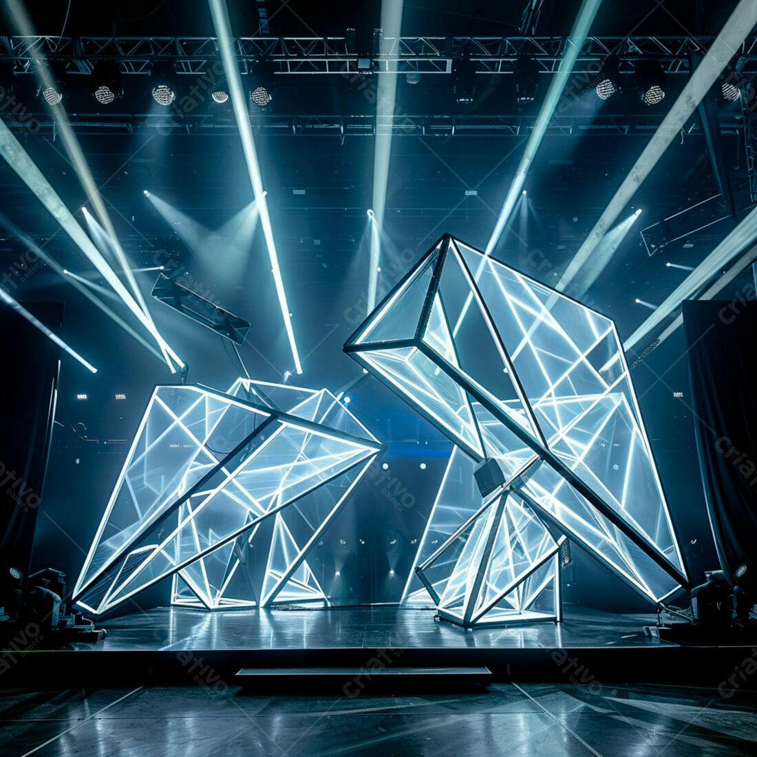 Palco com estrutura geométrica iluminada