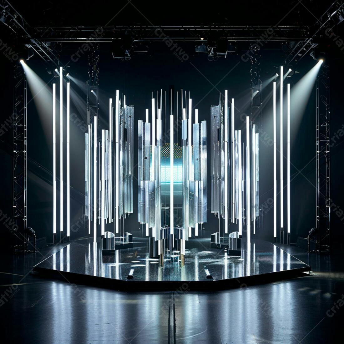 Instalação artística com luzes neon e espelhos