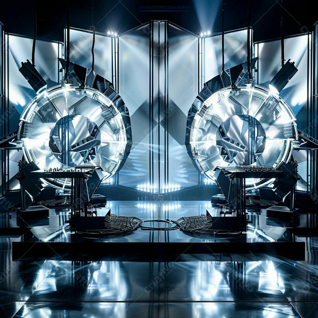Instalação futurista com estruturas circulares iluminadas