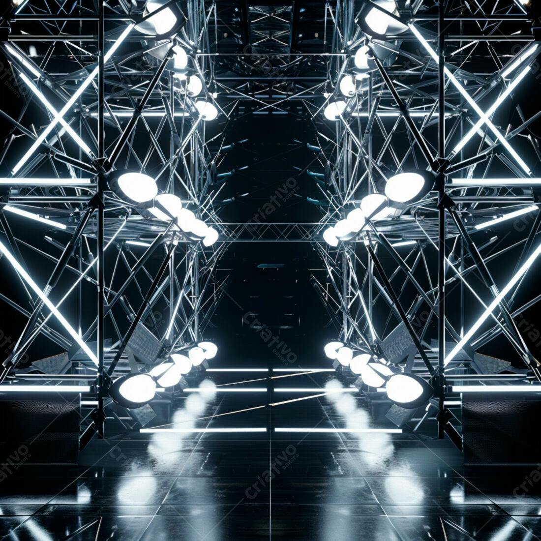 Instalação de luz branca e metal futurista