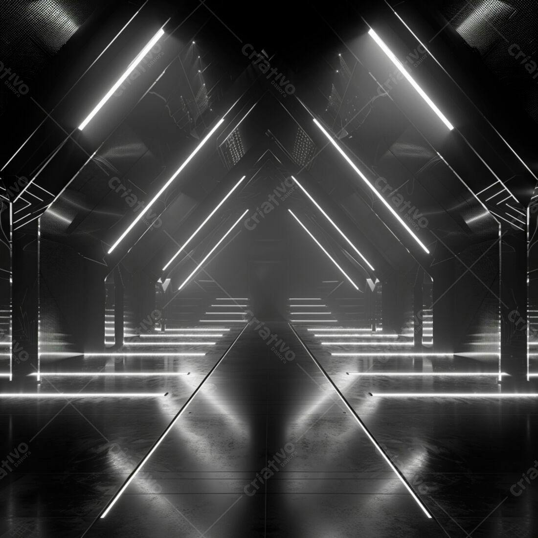 Corredor futurista com luzes neon brancas