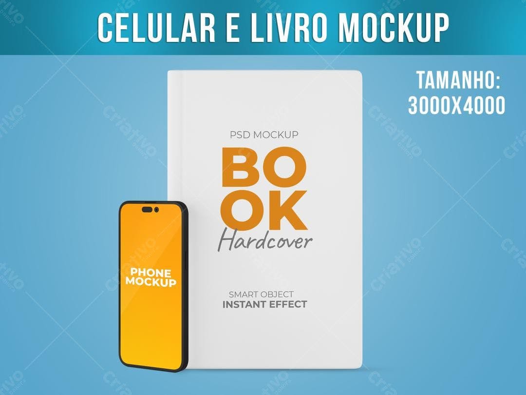 Mockup Realista: Celular e Livro Capa Dura