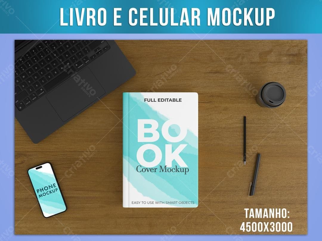 Mockup Realista: Livro, Celular e Notebook em Mesa de Madeira