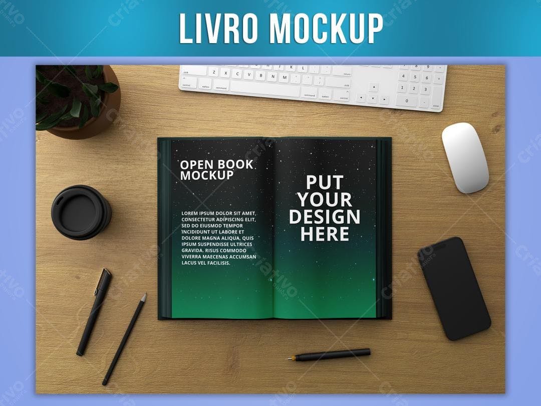 Mockup Livro Aberto: Design Moderno em Mesa de Madeira