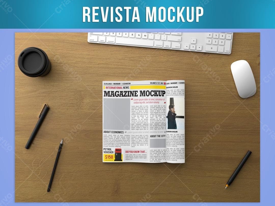 Mockup Revista Realista em Mesa de Madeira