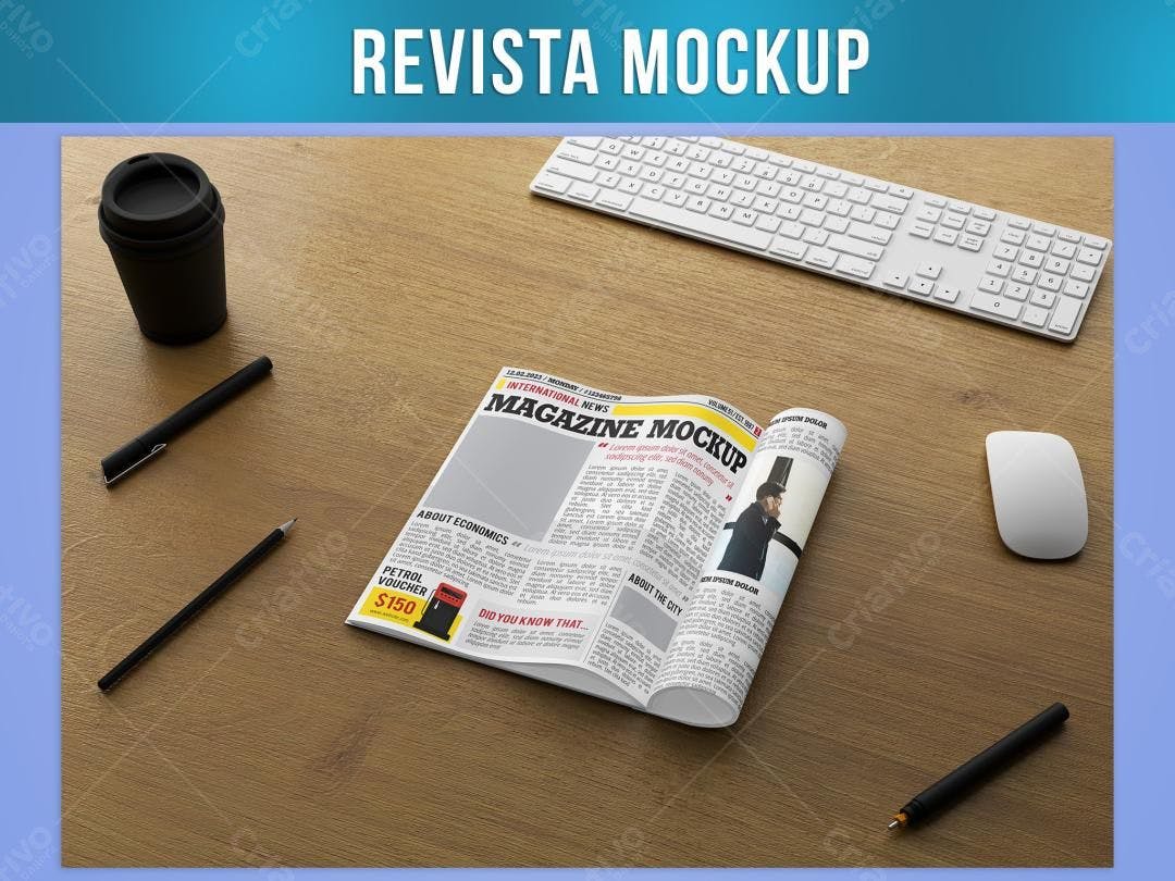 Mockup Revista Realista em Mesa de Madeira