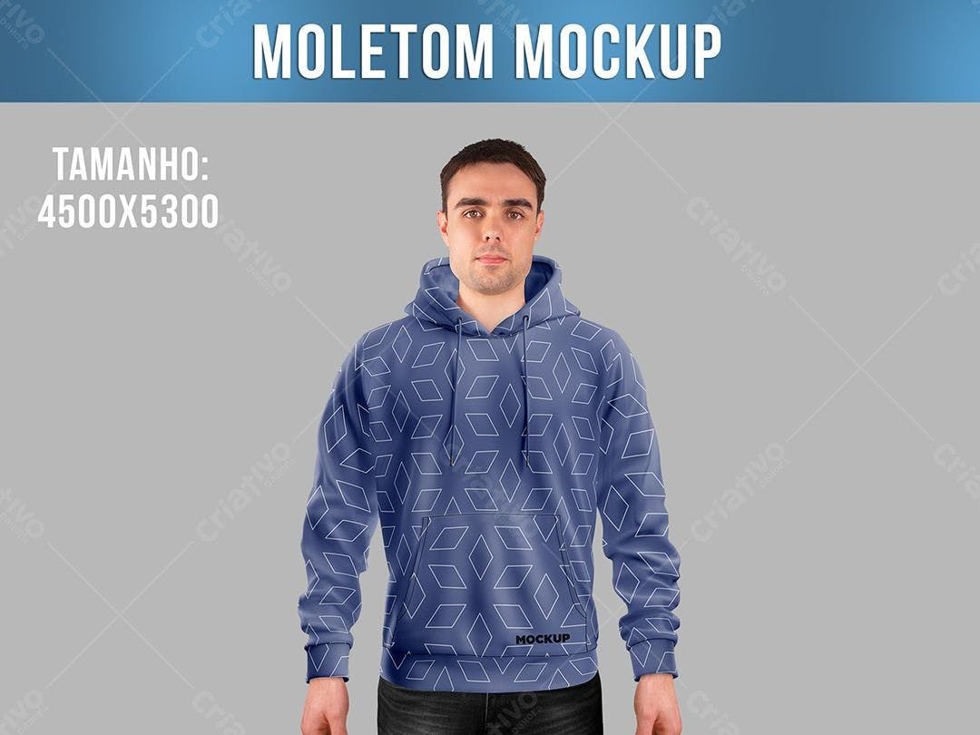 Mockup Camiseta Moletom Masculina Azul com Padronagem Geométrica