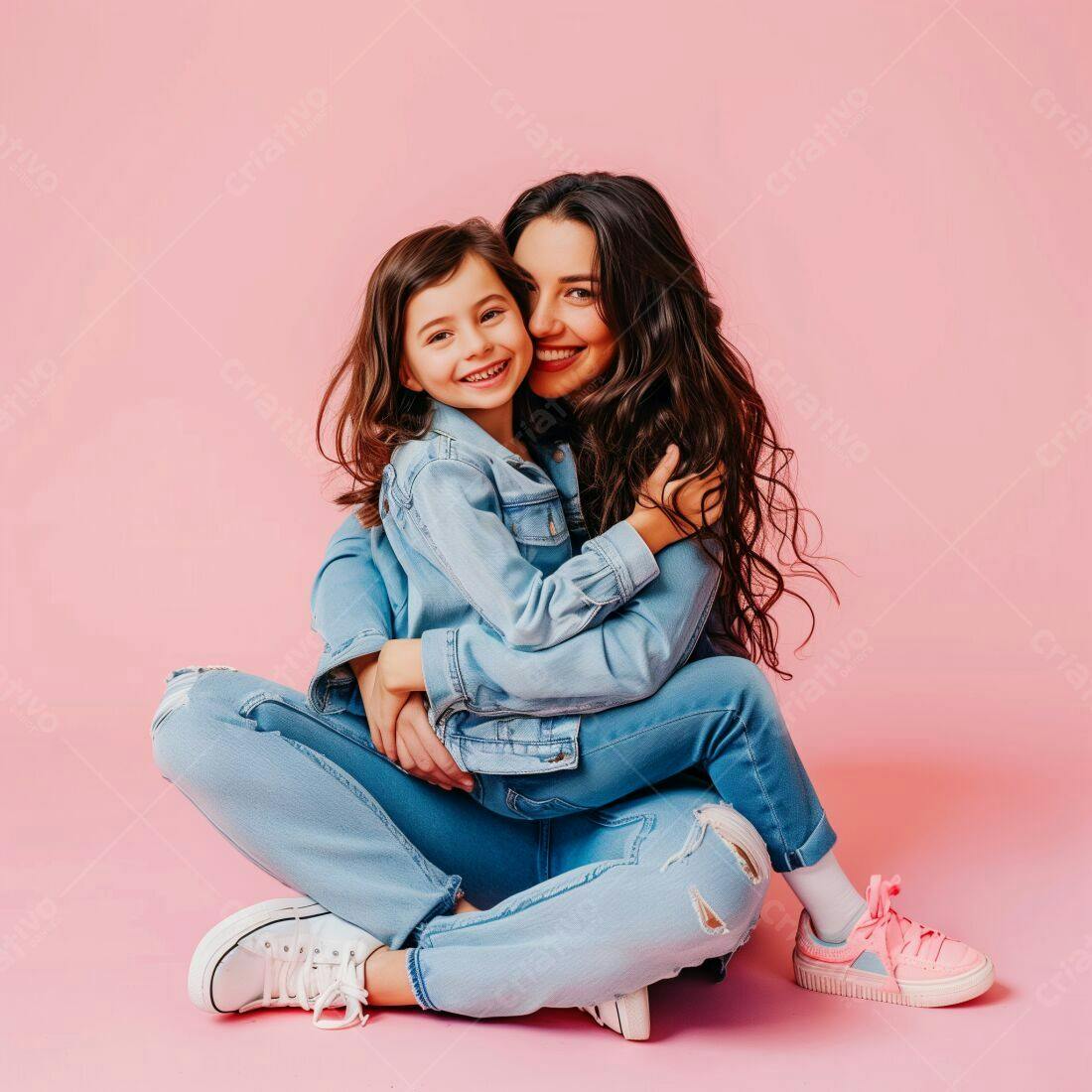 Mãe e filha abraçadas fundo rosa