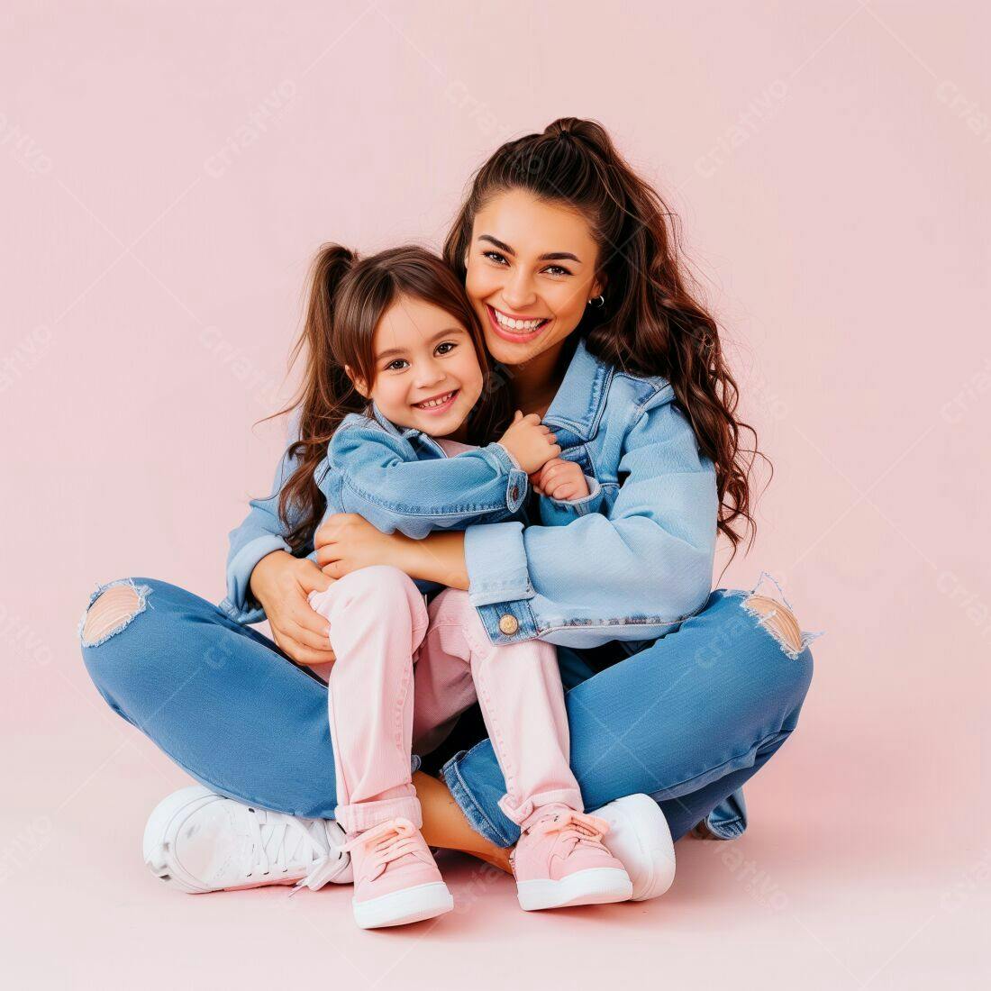 Mãe e filha abraçadas fundo rosa