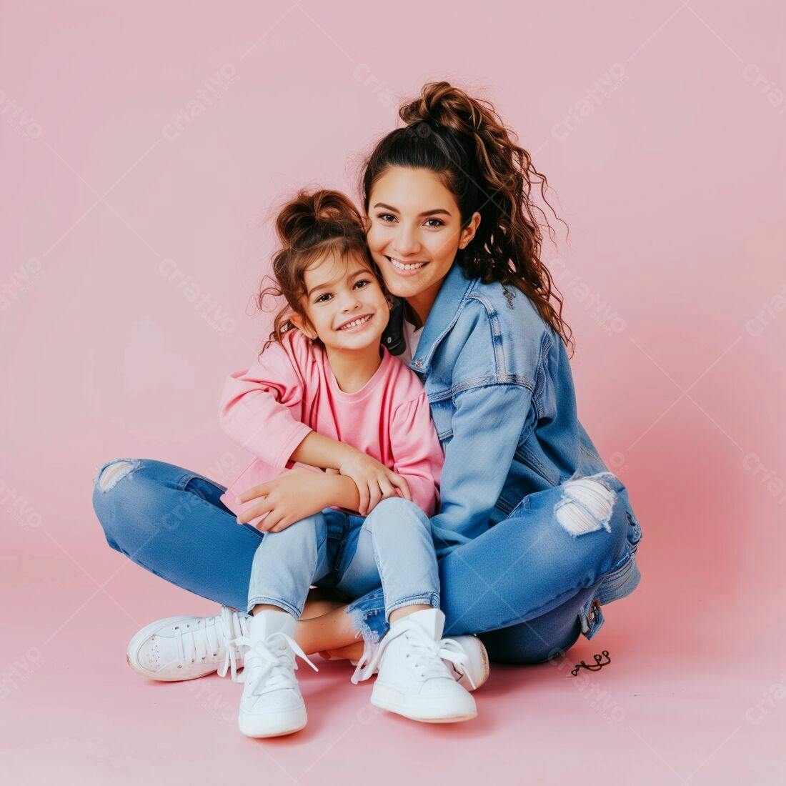 Mãe e filha sorrindo em fundo rosa