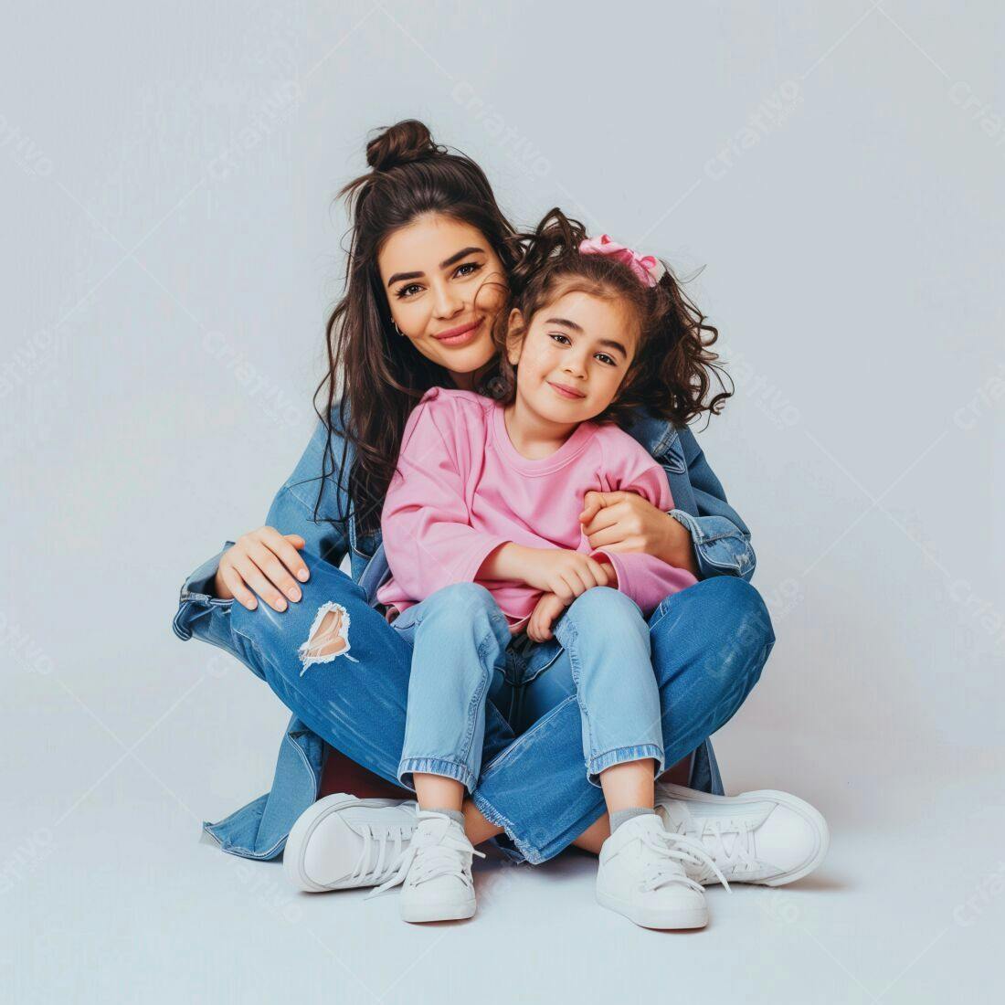 Mãe e filha em jeans sorrindo juntas