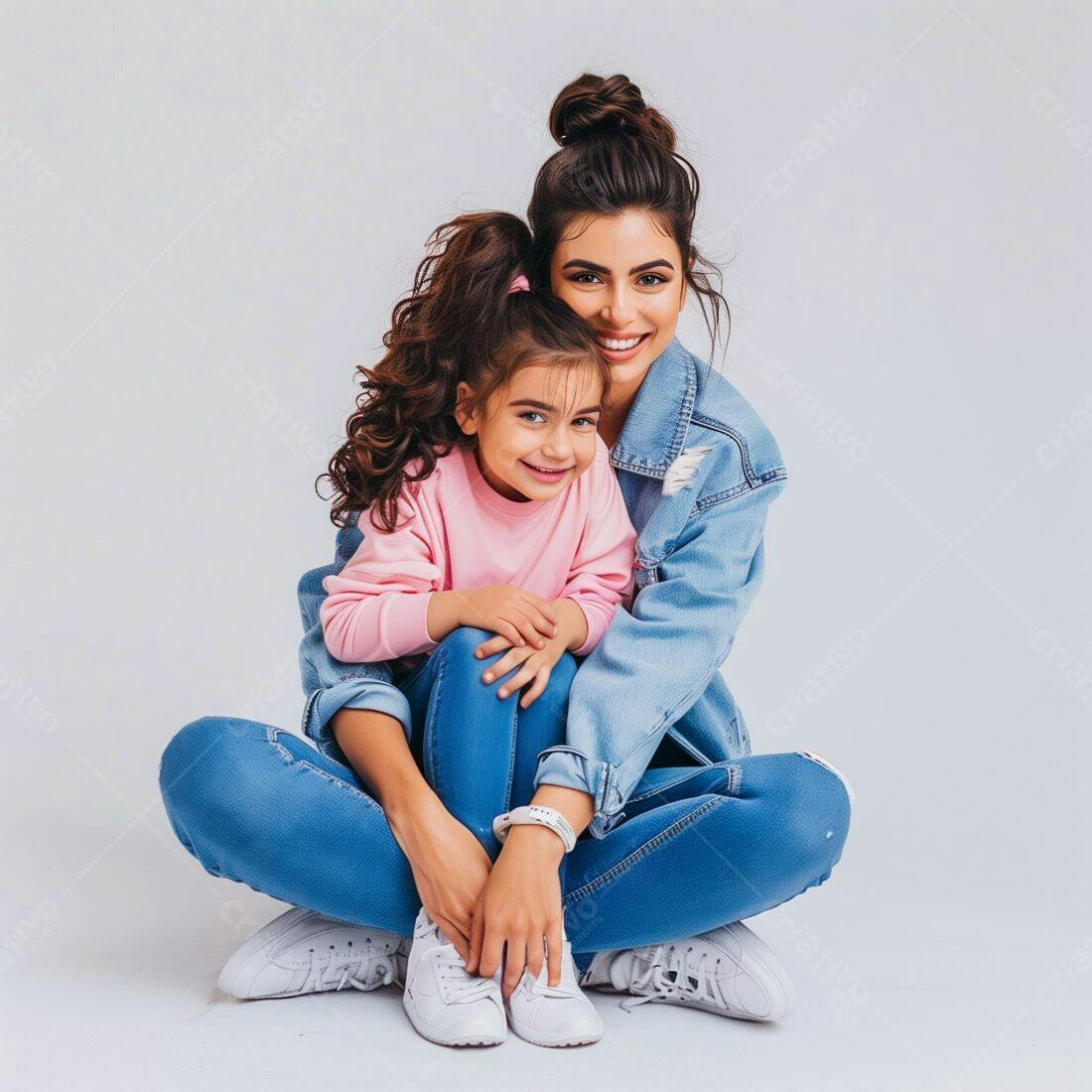 Mãe e filha sorrindo em jeans
