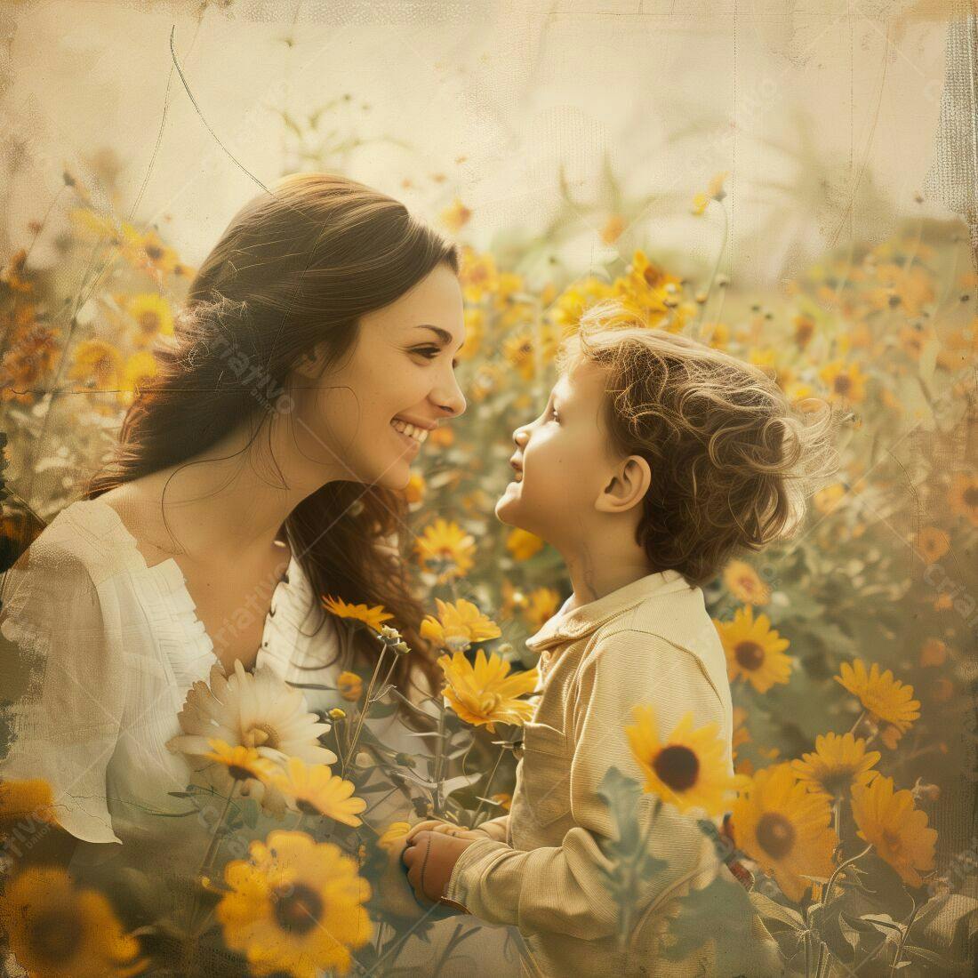 Mãe e filho sorrindo em campo de flores amarelas