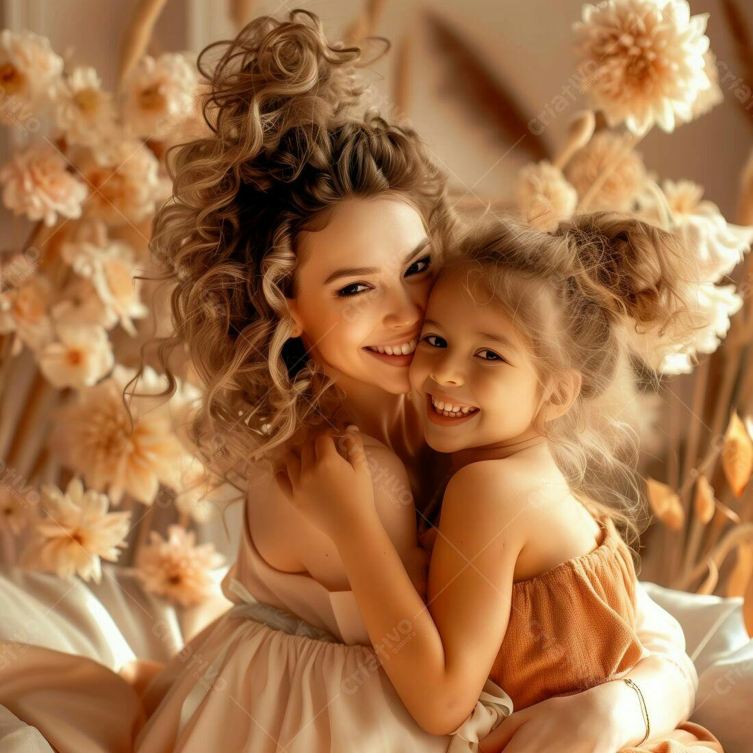 Mãe e filha abraçadas fundo floral
