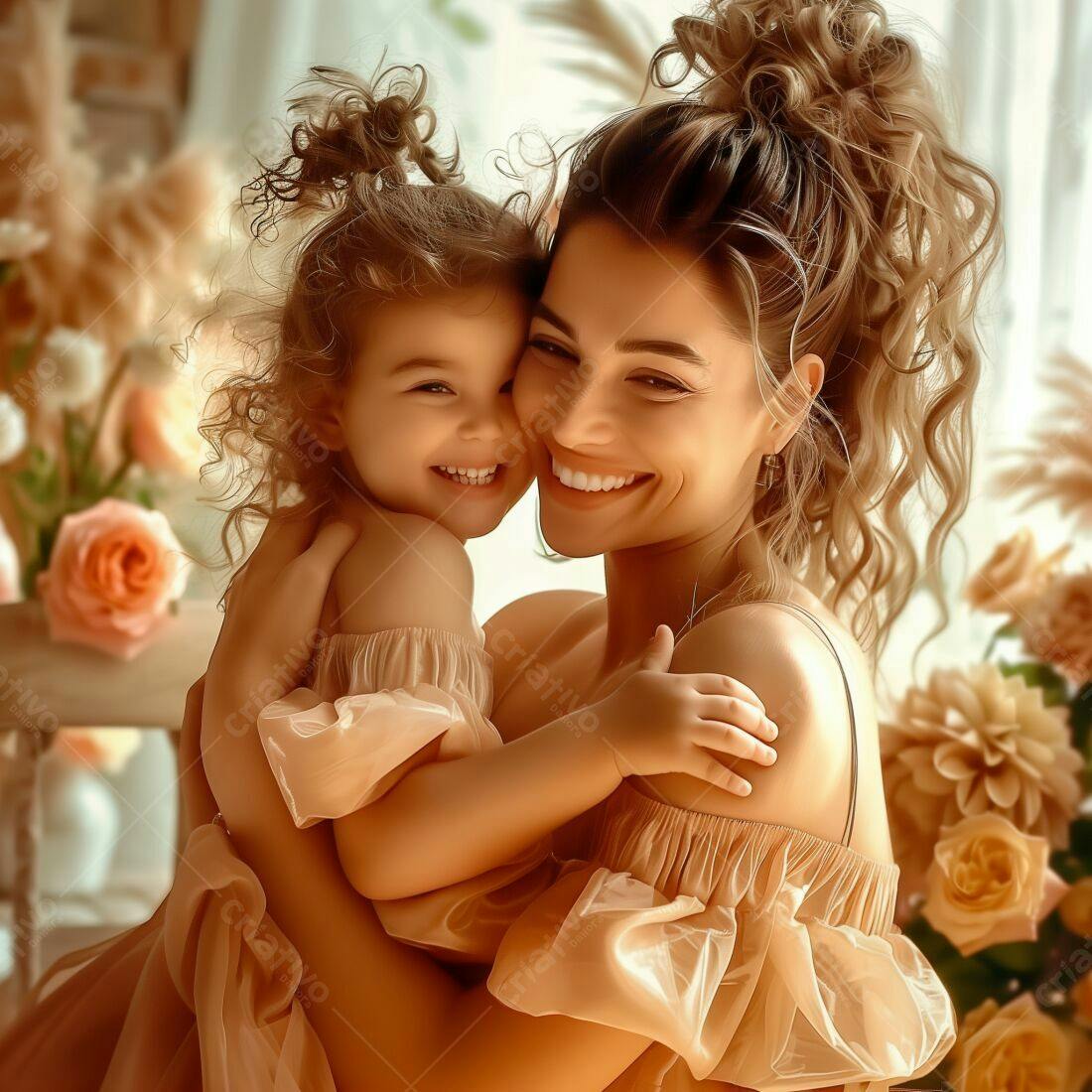 Mãe e filha sorrindo em vestido bege