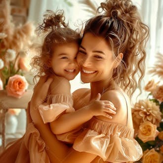 Uma mãe com a sua filha abraçada, com flores ao fundo