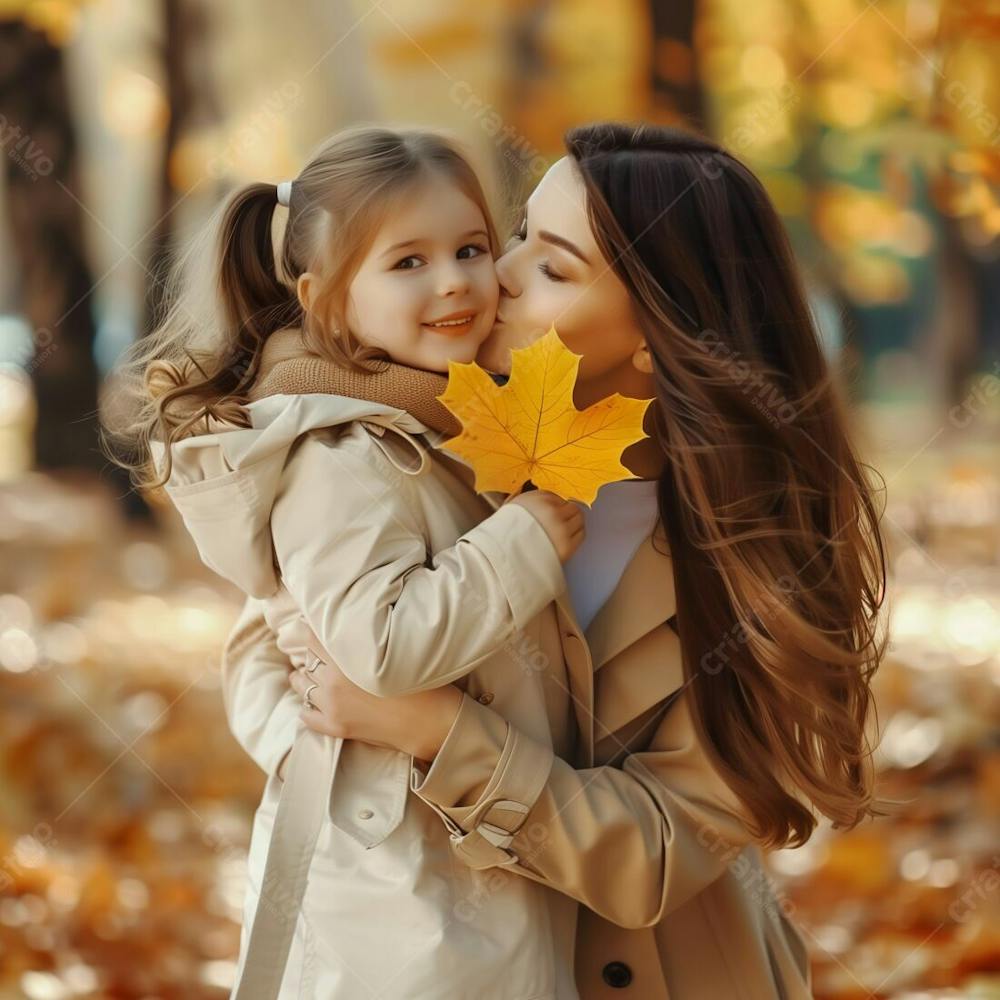 Uma Mãe Com A Sua Filha Abraçada, Com Flores Ao Fundo