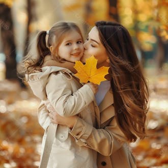 Uma mãe com a sua filha abraçada, com flores ao fundo