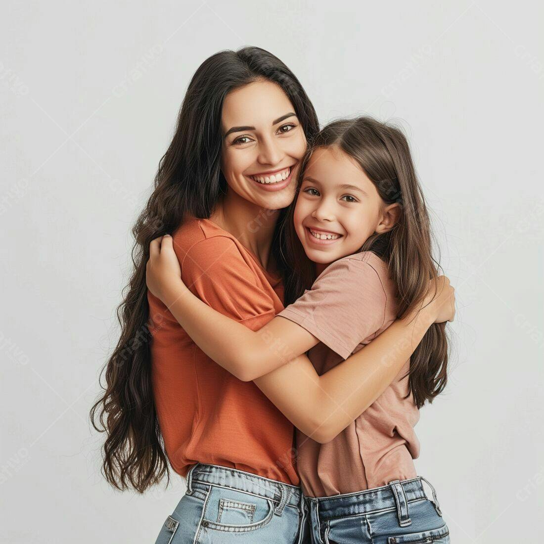 Mãe e filha abraçadas sorrindo fundo branco