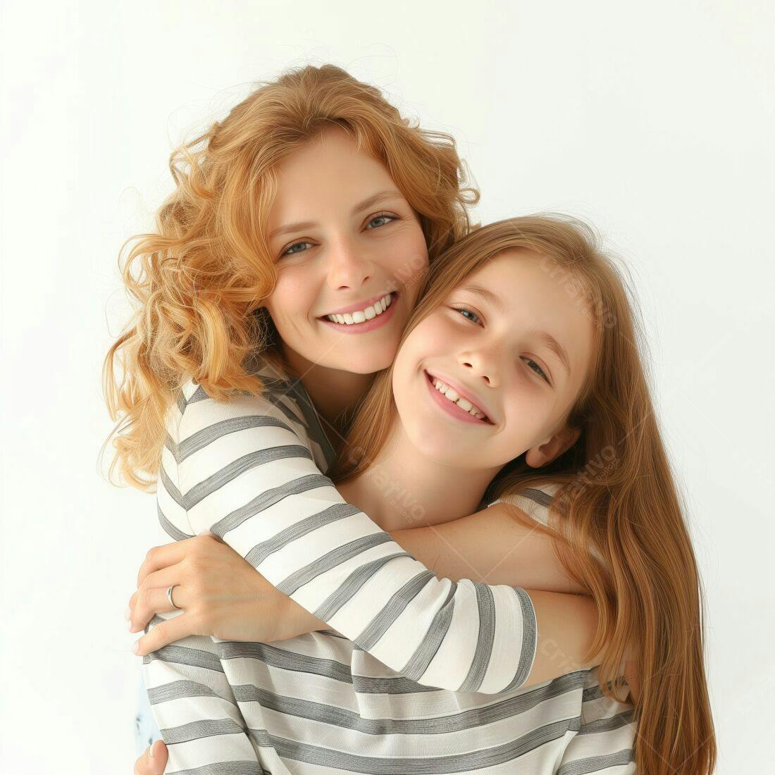 Mãe e filha abraçadas sorrindo fundo branco