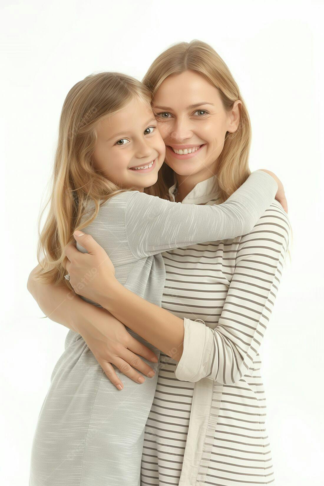 Mãe e filha abraçadas sorrindo fundo branco