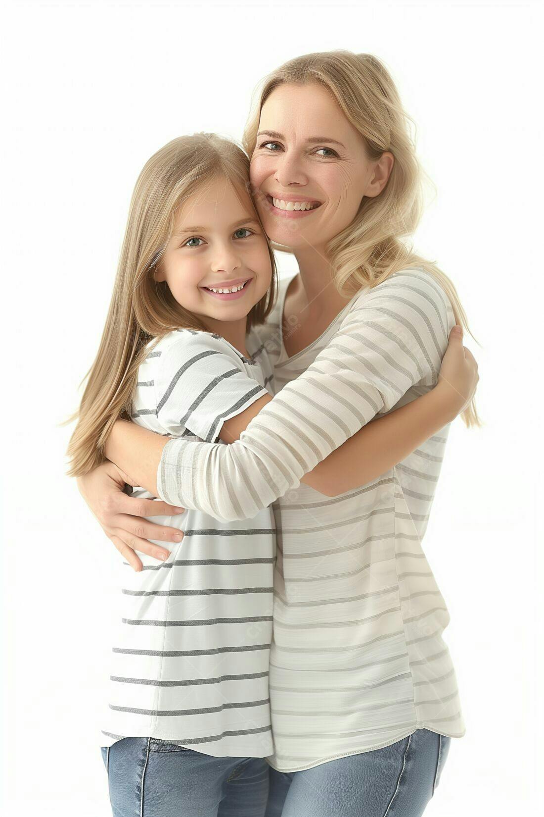 Mãe e filha abraçadas sorrindo fundo branco