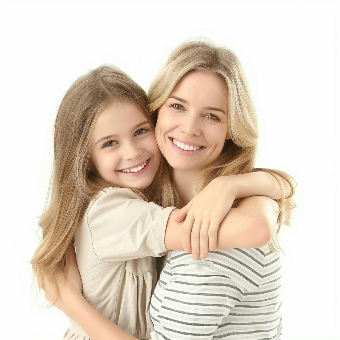Mãe e filha abraçadas sorrindo fundo branco