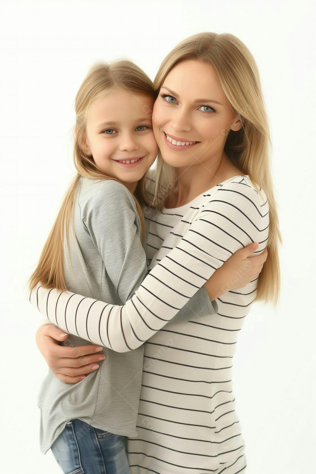 Mãe e filha abraçadas fundo branco